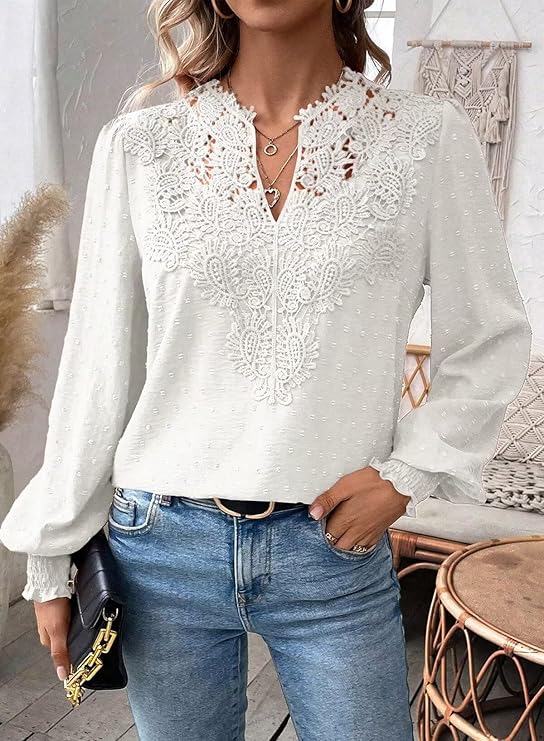 Womens Tops V Neck Boho Long Sleeve Shirts Swiss Dot Chiffon Blouses Flowy Lace Crochet Clothing Casual Trendy Tunic