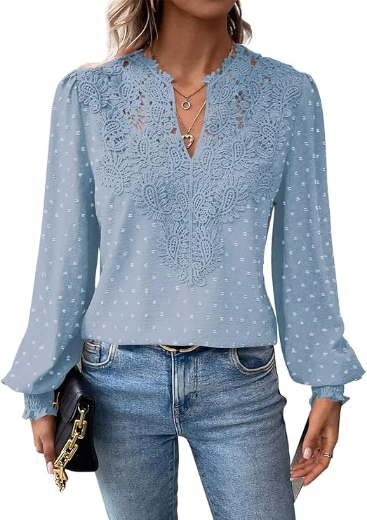 Womens Tops V Neck Boho Long Sleeve Shirts Swiss Dot Chiffon Blouses Flowy Lace Crochet Clothing Casual Trendy Tunic