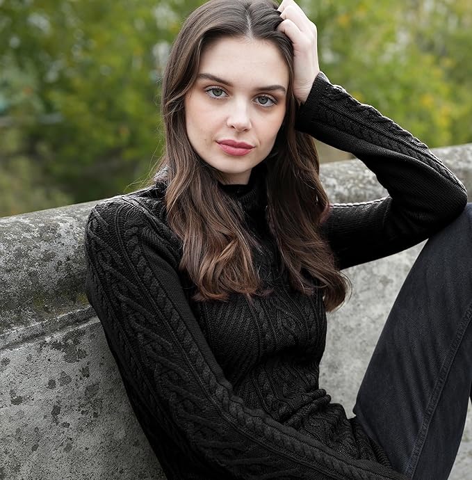 v28 Women Polo Neck Long Slim Fitted Dress Bodycon Turtleneck Cable Knit Sweater